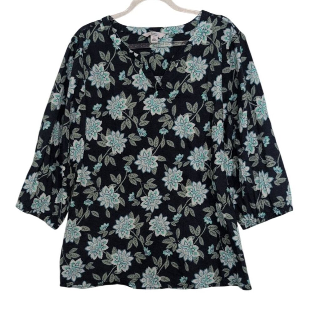 Croft & Barrow Floral Shirt Womens Size XXL Blue 3/4 Sleeves Cotton Split V Neck